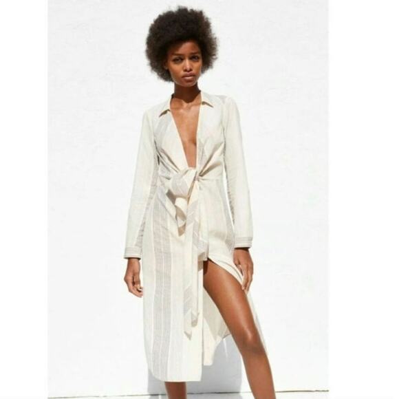 NWT Zara V Neck High Waisted Dress Striped Bow Cream Black Size Med Lightweight - Picture 11 of 11